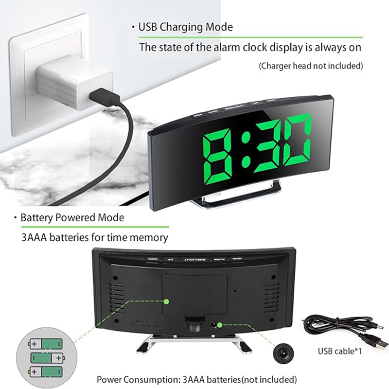 LED デジタル目覚まし時計曲面スクリーンミラー静音電子時計 - Modern Electronics Gadgets のレビューと価格